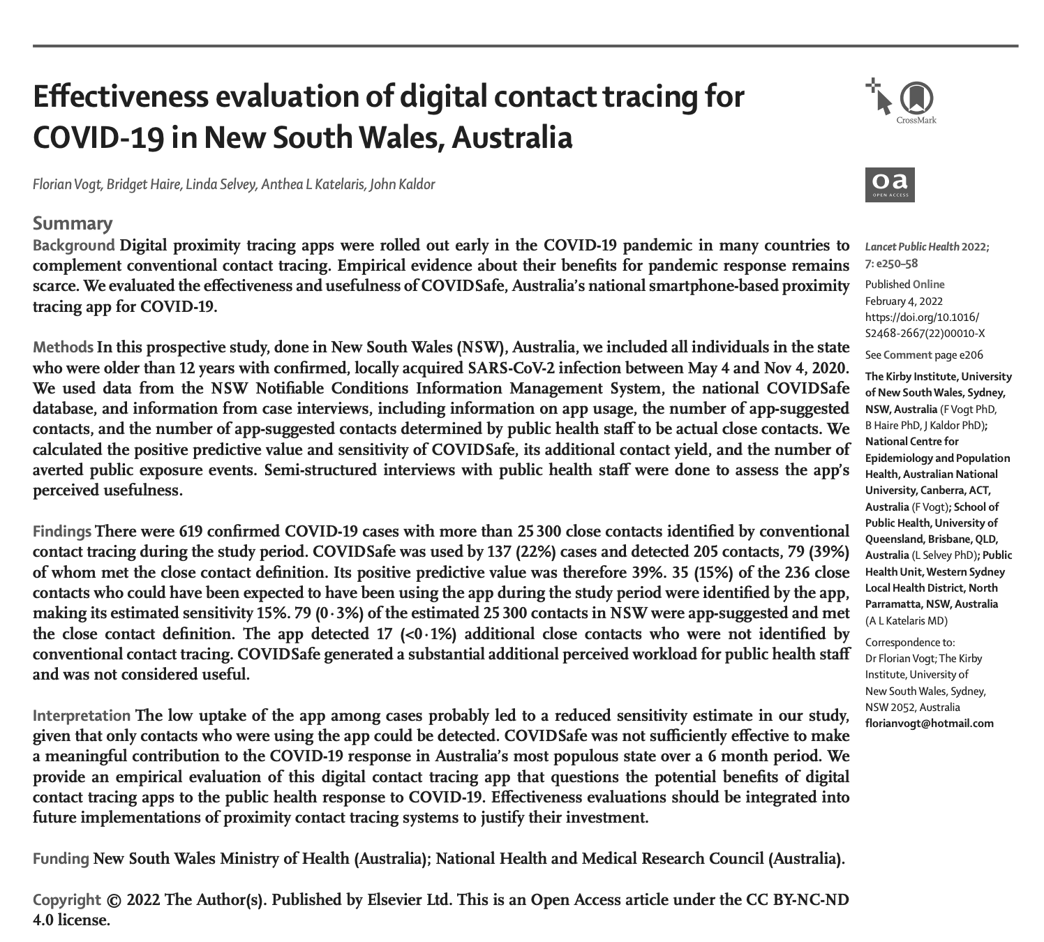 New South Wales Australia Contact Tracing Study